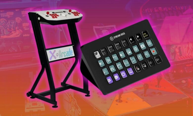 X-Arcade gaming stand and Stream Deck for streaming setup.