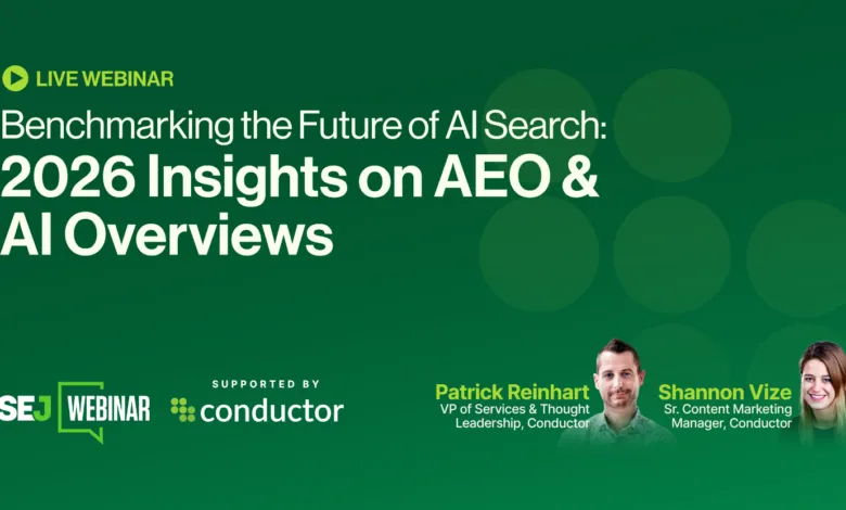 Webinar promotion: Benchmarking the Future of AI Search with Patrick Reinhart and Shannon Vize.