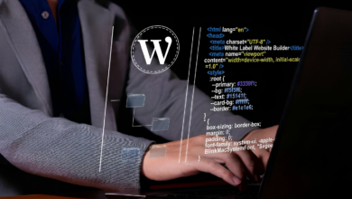 Person types on laptop with website code and WordPress logo overlayed.