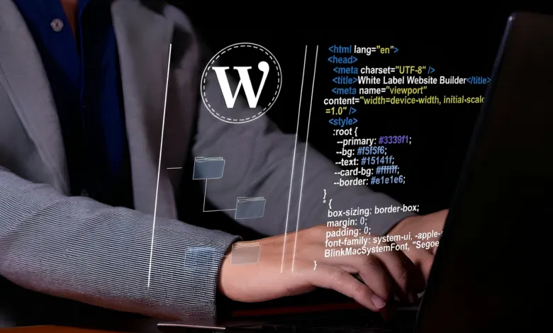 Person types on laptop with website code and WordPress logo overlayed.