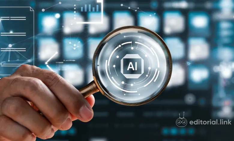 Magnifying glass focuses on AI icon, data, and checklist.