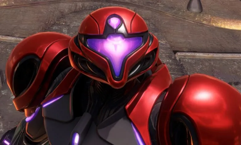 Close-up of Samus Aran's Varia Suit helmet with glowing purple visor.