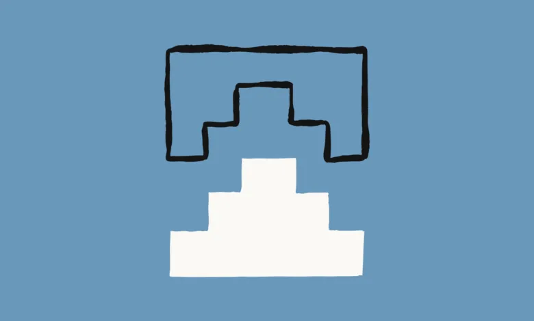 Abstract symbol with black outline and white steps on blue background.