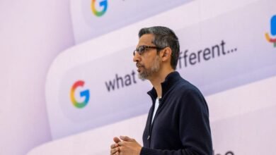 Sundar Pichai speaks in front of Google search results backdrop.
