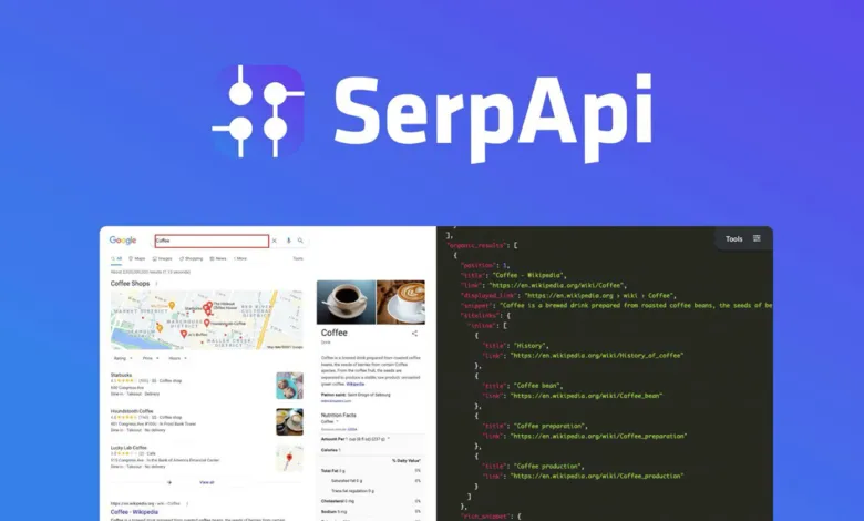 SerpApi logo with Google search results for 'Coffee' and JSON output.