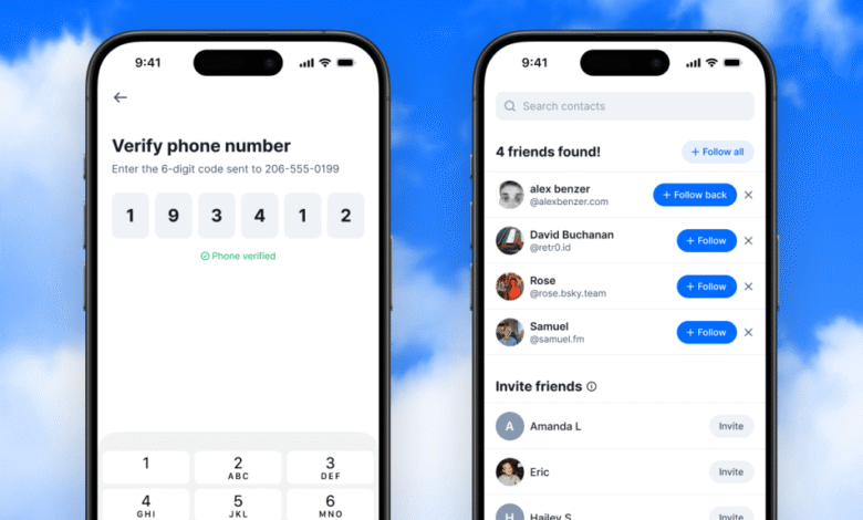 Two phone screens showing phone verification and friend suggestions.