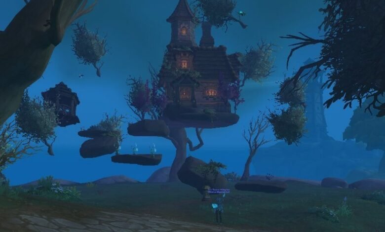 Whimsical treehouse perched on floating islands in a fantasy landscape.