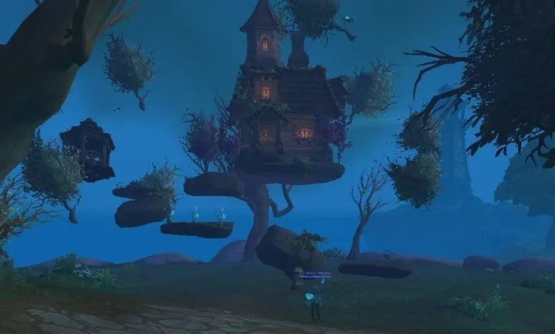 Whimsical treehouse perched on floating islands in a fantasy landscape.