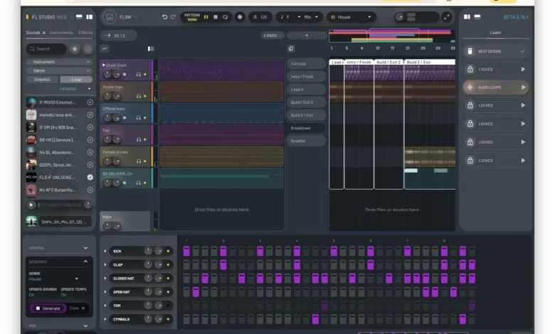 FL Studio Web interface showing music production software with various tracks and controls.