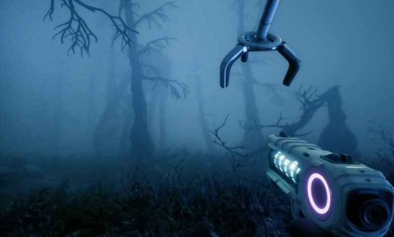 First-person view of a futuristic weapon in a foggy, dark forest.