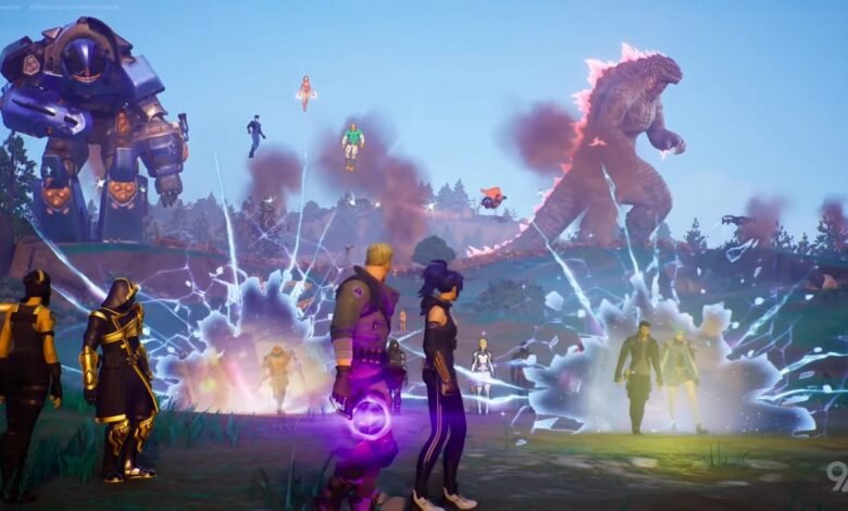 Fortnite event shows characters, Godzilla, and a giant robot in a dynamic scene.