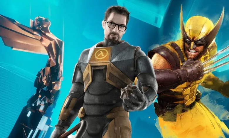 Gordon Freeman, Wolverine, and the Game Awards trophy on blue background.