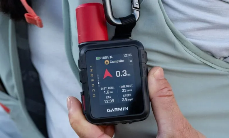 Garmin inReach handheld GPS device showing navigation screen.