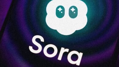 Sora logo featuring a cloud-like shape with sparkling eyes on a dark background.