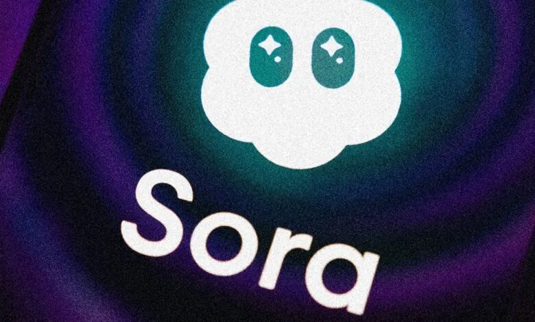 Sora logo featuring a cloud-like shape with sparkling eyes on a dark background.