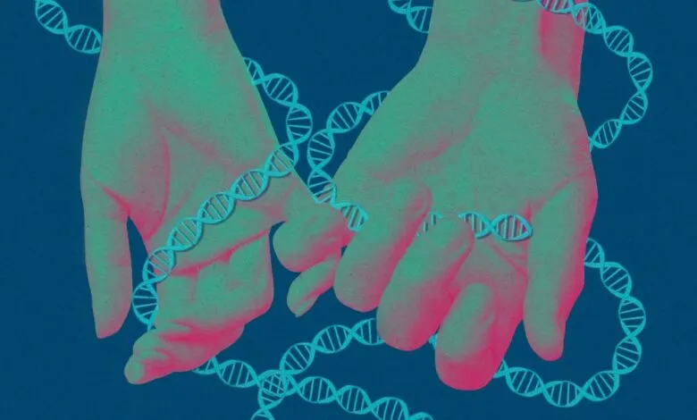 Two hands intertwined, surrounded by DNA strands on a blue background.
