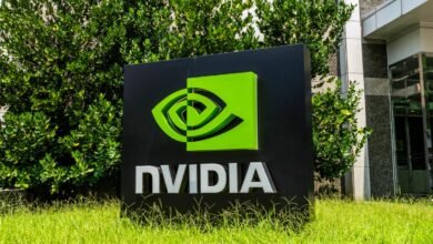 NVIDIA logo sign with green eye symbol and white lettering.