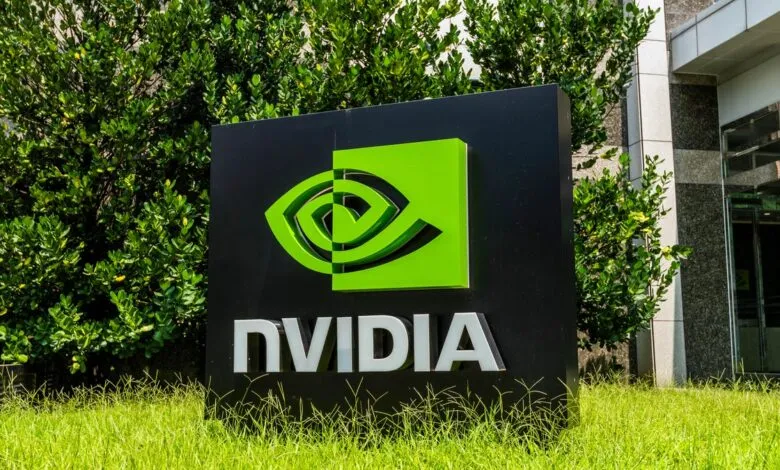 NVIDIA logo sign with green eye symbol and white lettering.