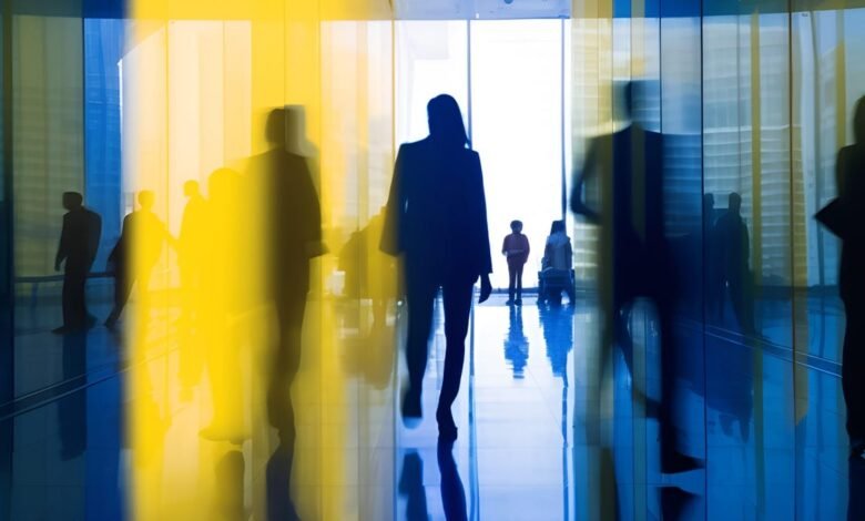 Blurred figures walk through a modern building with blue and yellow lighting.