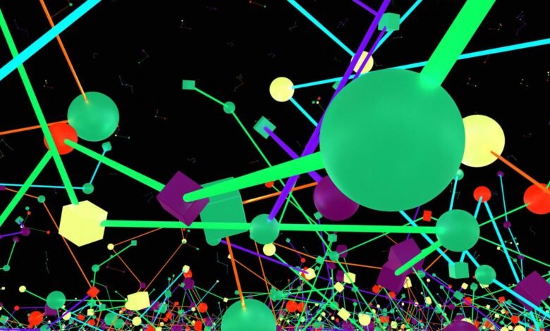 Abstract 3D render with spheres, cubes, and lines in vibrant neon colors against a black background.