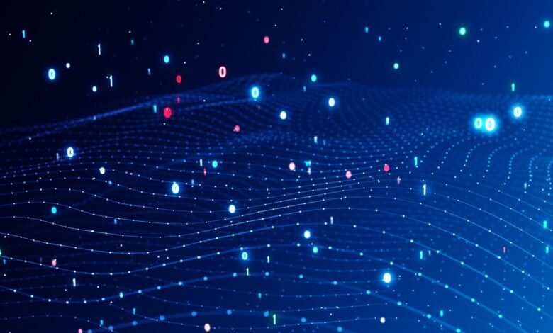 Abstract blue digital landscape with binary code floating above a dotted grid.