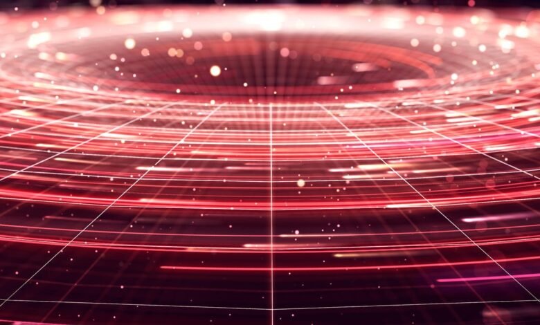 Abstract red grid with glowing particles and circular lines.