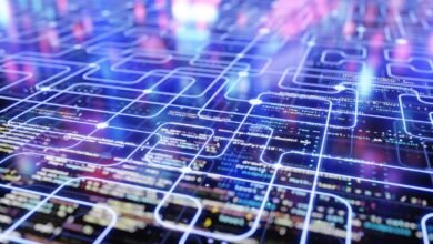 Abstract digital circuit board with code overlay, blue and pink hues.