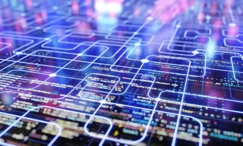 Abstract digital circuit board with code overlay, blue and pink hues.