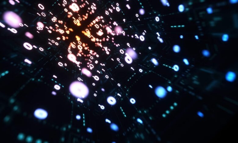 Abstract digital tunnel with glowing binary code, zeros and ones.