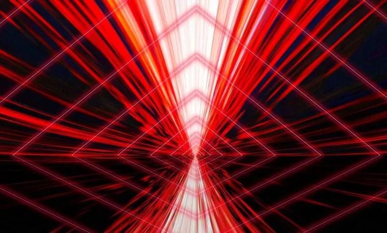 Abstract red and white geometric tunnel with diamond shapes.