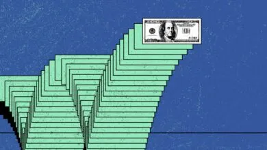 Illustration of a rising graph made of money steps with a $100 bill on top.