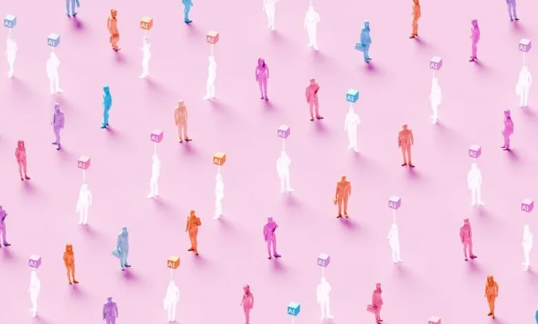 Colorful figures connected to AI cubes on pink background.