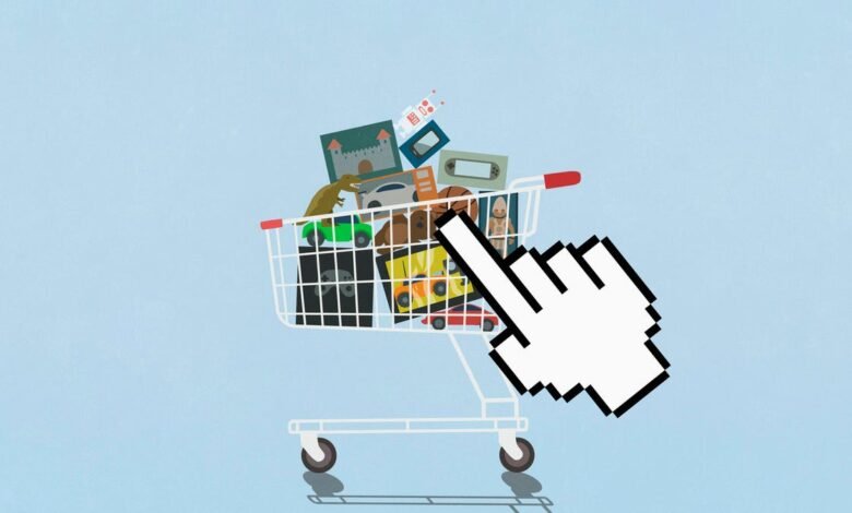 Shopping cart filled with toys, cursor hovering over it.