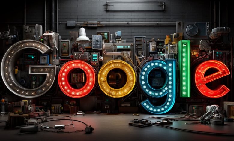 Google logo constructed from industrial parts and neon lights.