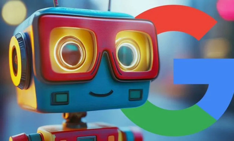 Colorful robot with glowing eyes next to the Google logo.