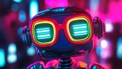 Close-up of a futuristic robot with glowing neon glasses.