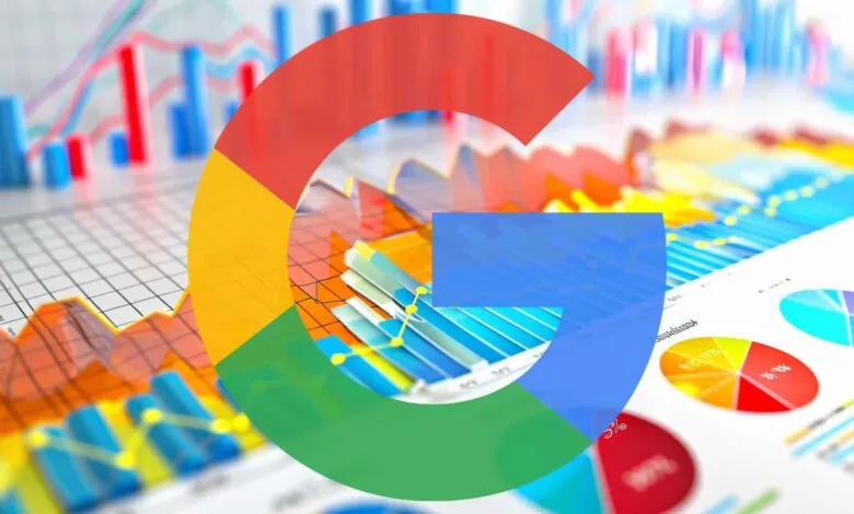 Google logo overlayed on charts and graphs, representing data analytics.