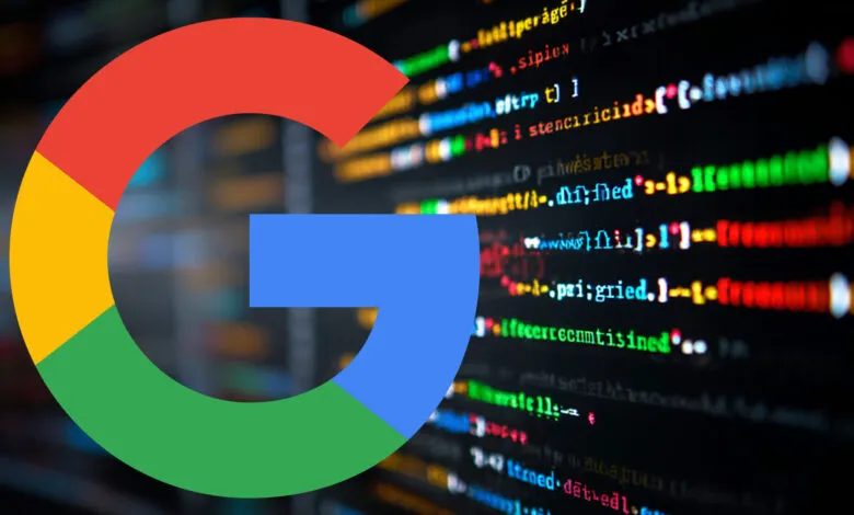 Google logo overlaid on a background of colorful computer code.