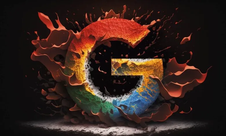 Abstract Google logo with vibrant colors and dynamic splash effects.