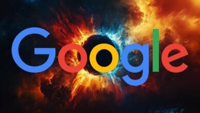 Google logo over a dramatic, fiery, and cloudy background.