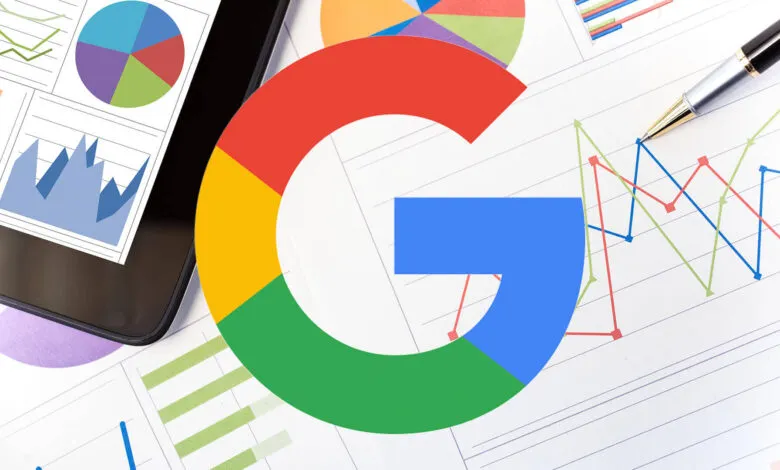 Google logo over charts, graphs, tablet, and pen for data analysis.