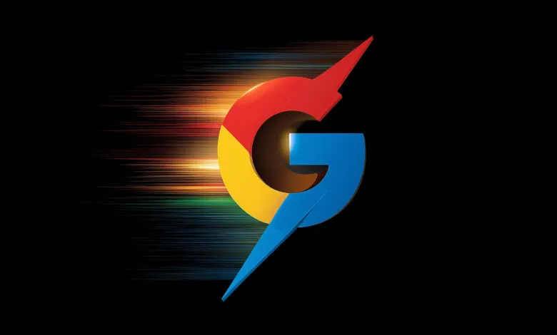 Google logo with a lightning bolt effect, showing speed.