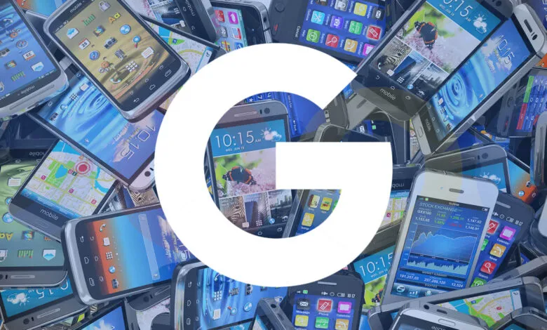 Pile of smartphones with Google logo overlay, showcasing mobile technology.