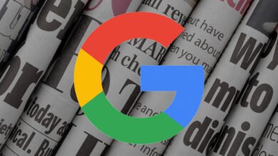 Google News logo overlaid on a background of rolled-up newspapers.