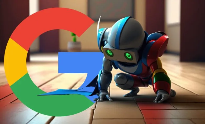 Robot crouches behind the Google logo, ready to crawl the web.