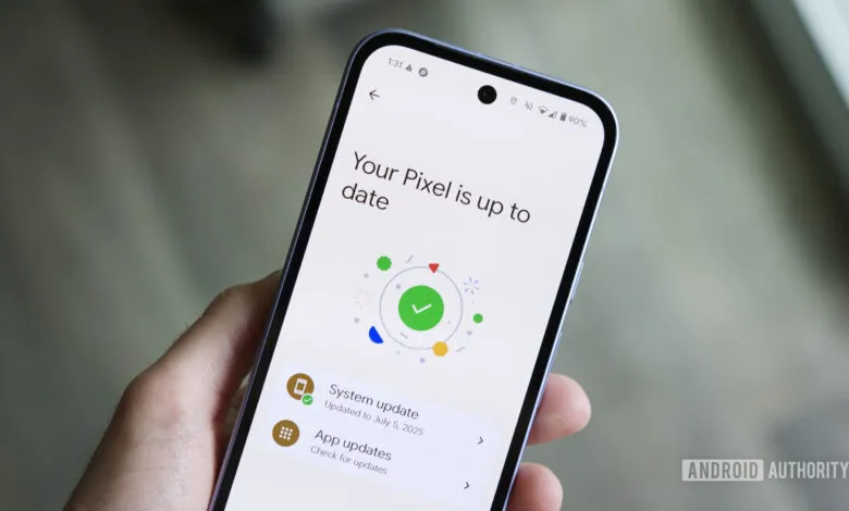 Google Pixel phone displaying 'Your Pixel is up to date' message on screen.