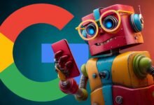 Colorful robot wearing glasses uses a red smartphone with Google logo in background.
