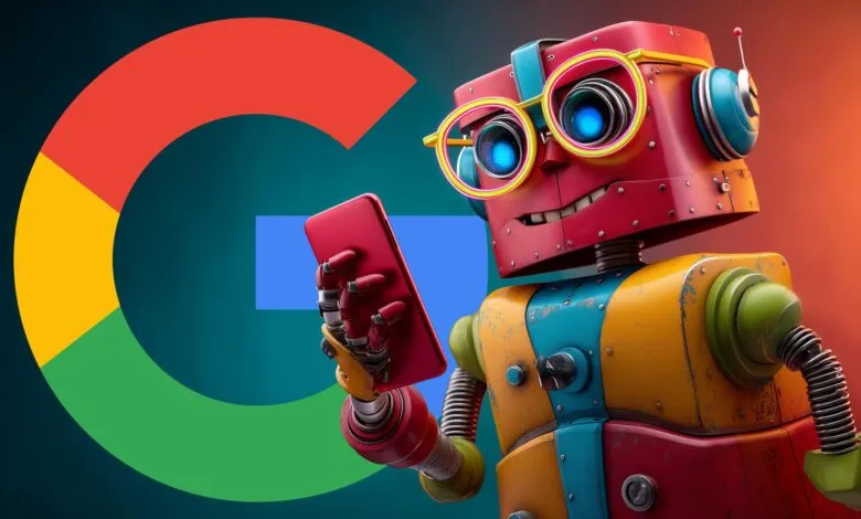 Colorful robot wearing glasses uses a red smartphone with Google logo in background.