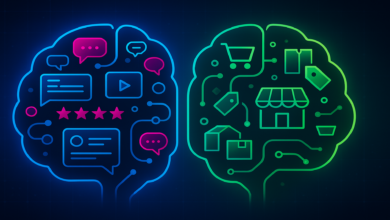 Abstract brain illustration with retail and customer feedback icons.