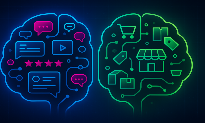 Abstract brain illustration with retail and customer feedback icons.